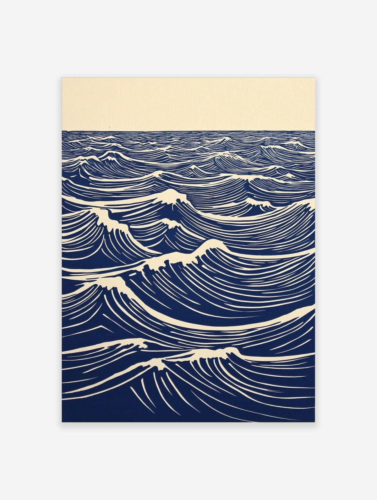 Stylised blue and white lino print of ocean waves with foam crests extending to the horizon