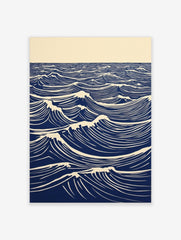 Stylised blue and white lino print of ocean waves with foam crests extending to the horizon