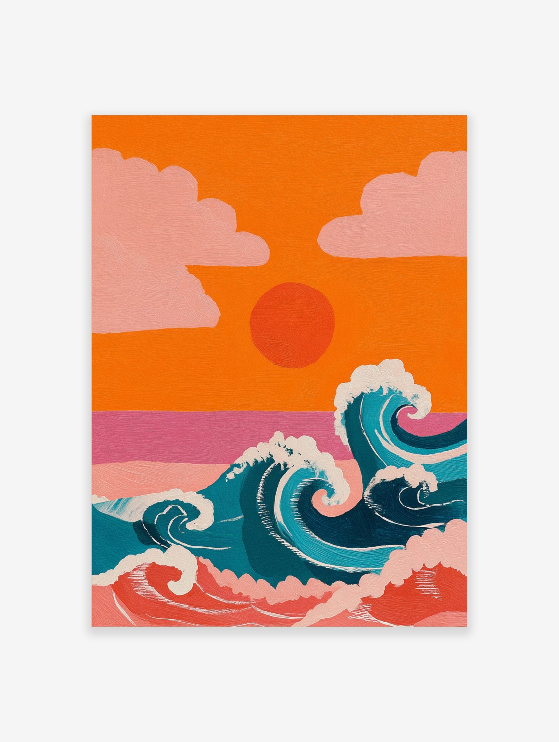 Illustrative ocean waves with white foam, orange sunset, and pink clouds against an orange sky