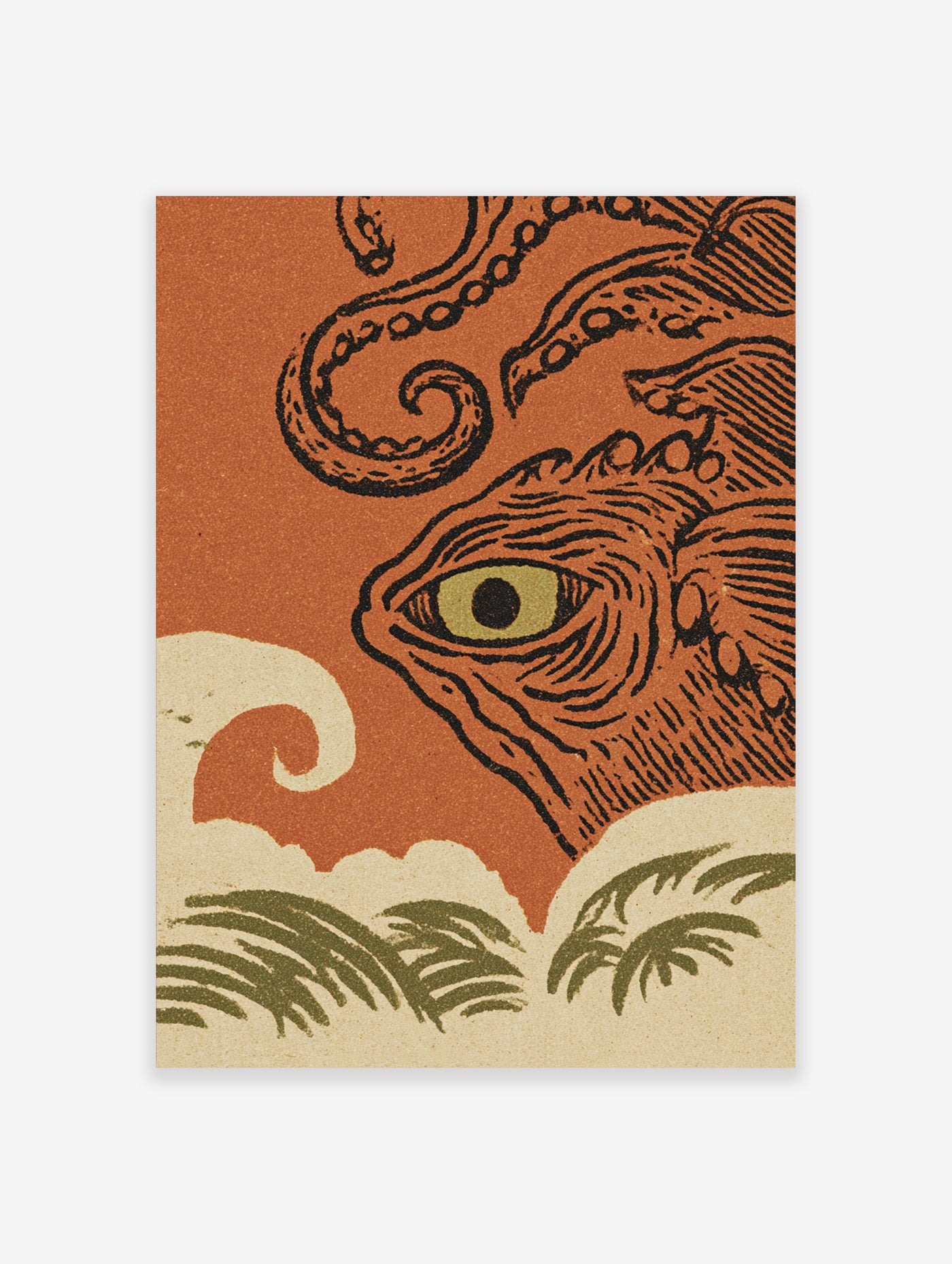 Orange octopus eye poster with yellow eye, tentacles, and stylised waves