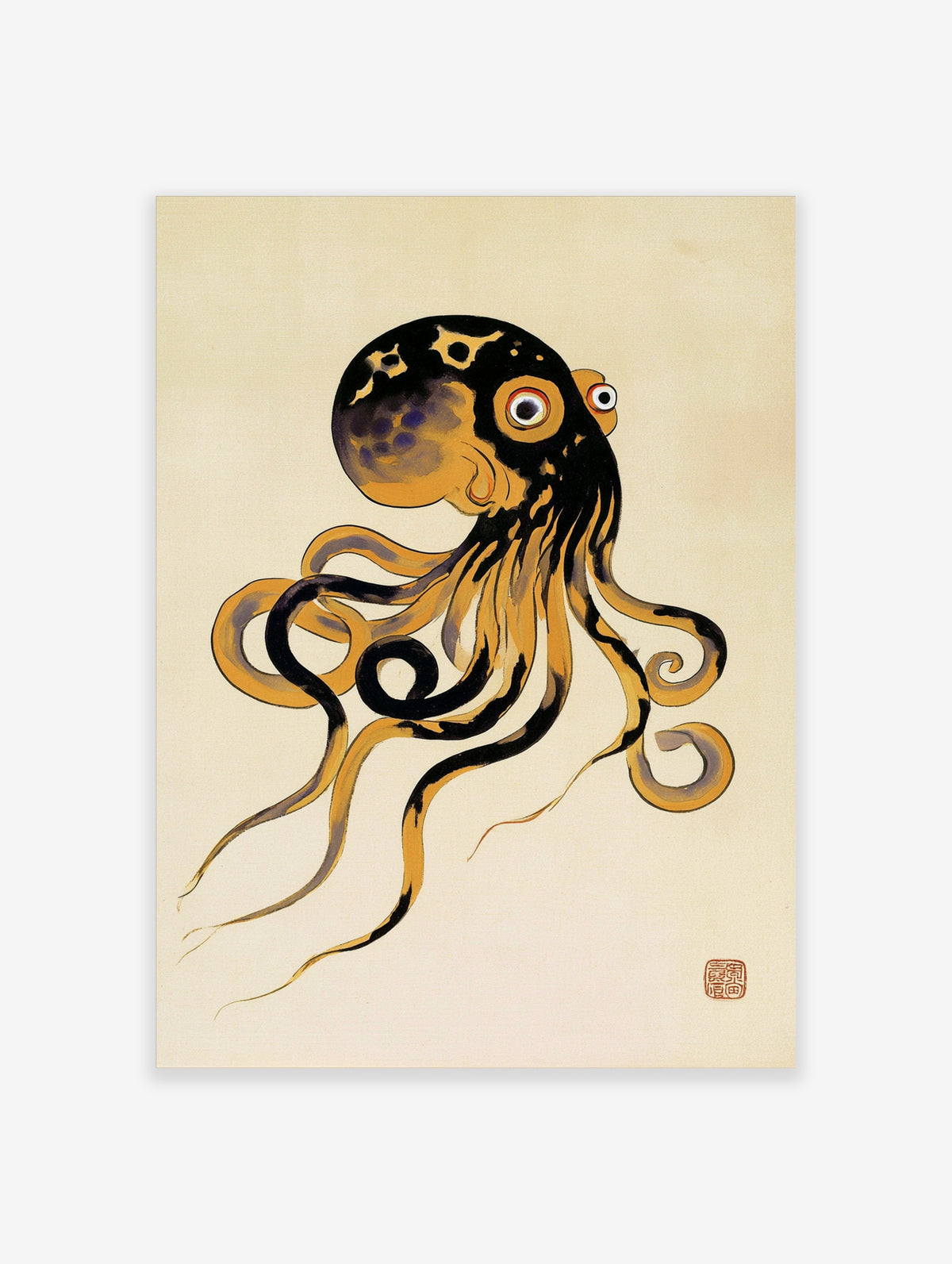 Japanese-style octopus poster with black and ochre head and curling tentacles on cream background