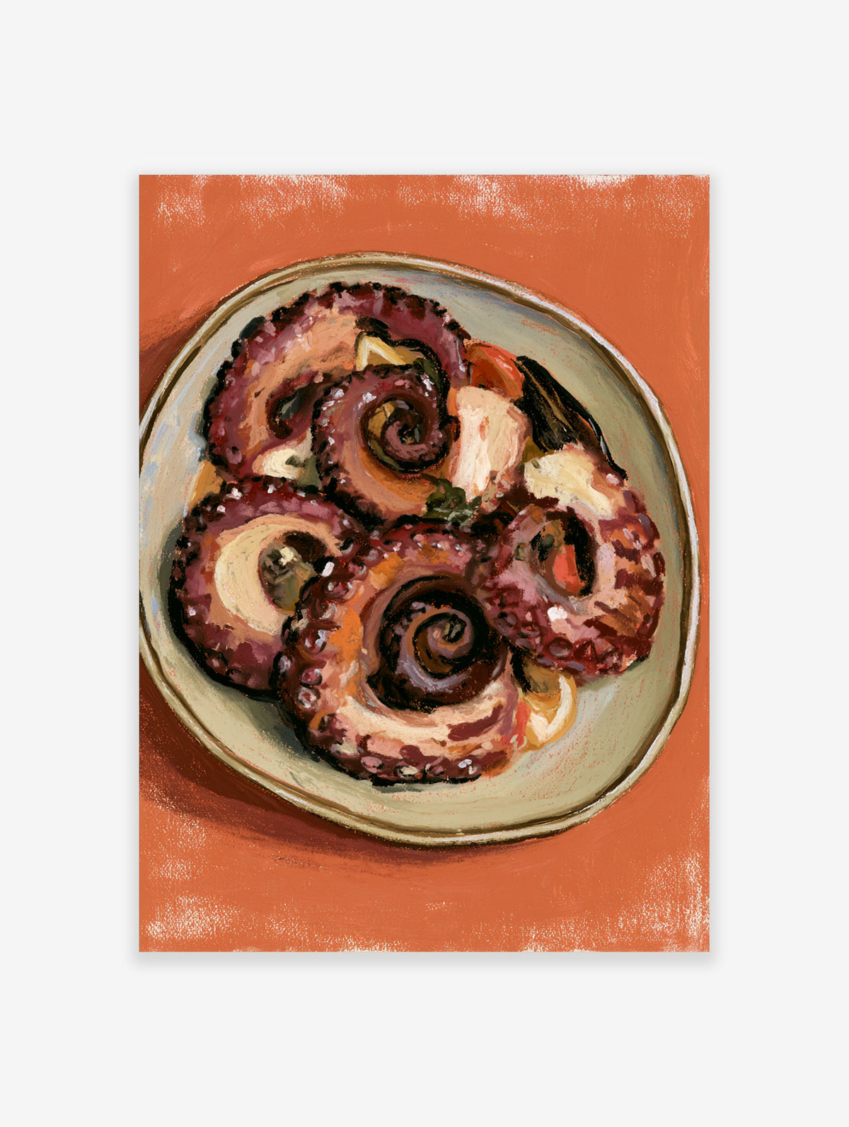 Octopus tentacles curled on a pale green plate against a coral background, painterly style