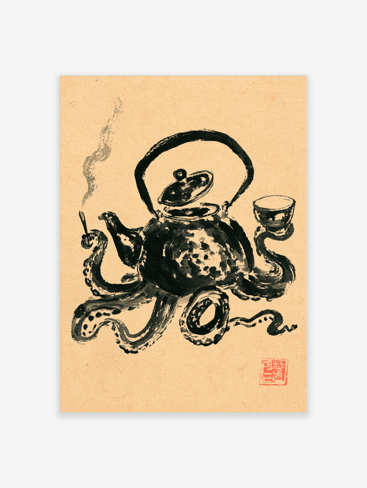 Black ink octopus teapot illustration with brush, tea cup, steam, and red seal on tan paper