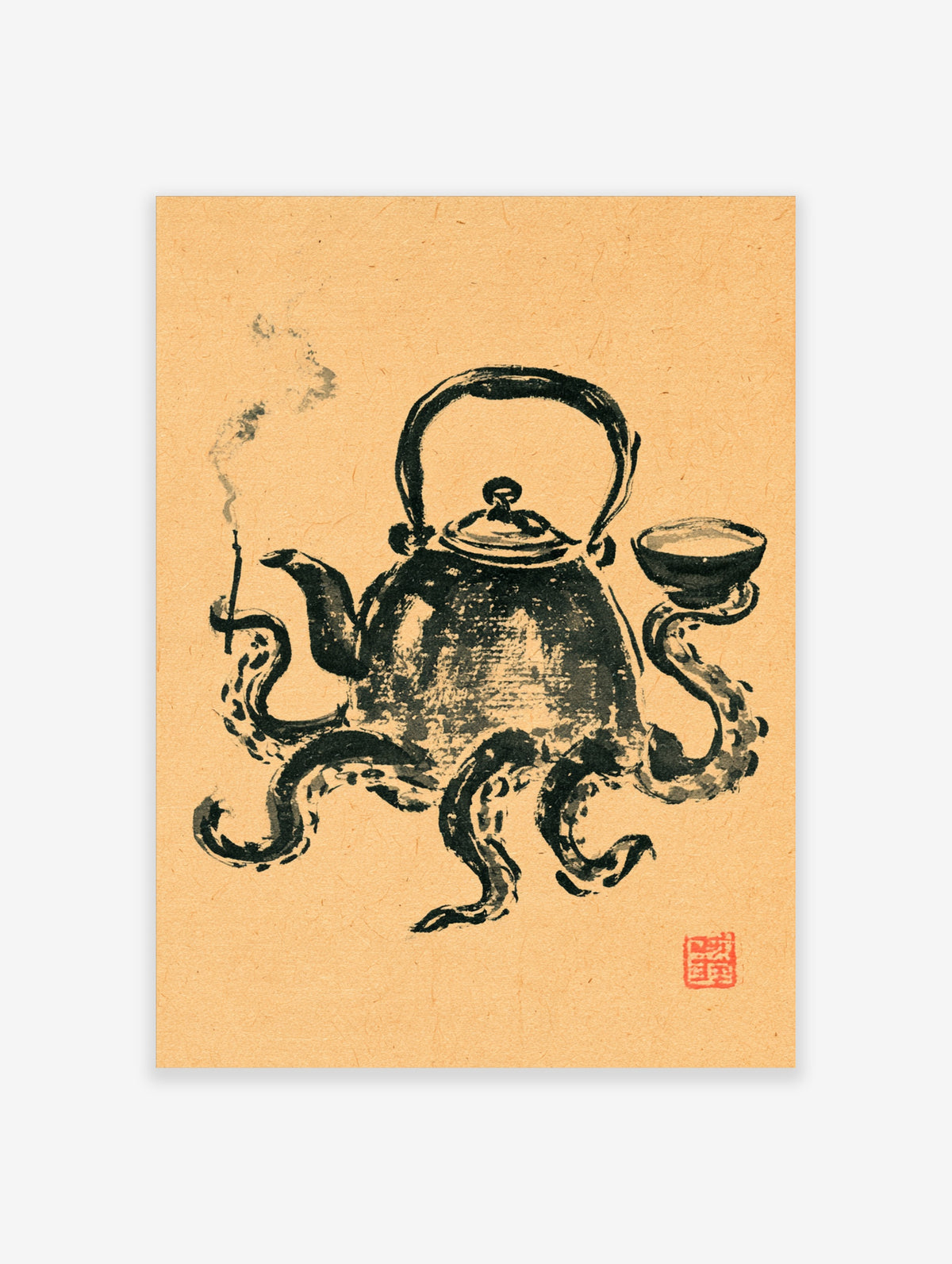 Ink wash octopus teapot poster with smoking pipe and tea bowl on tan background