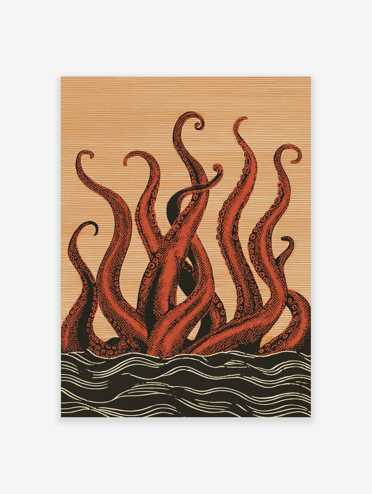 Red octopus tentacles with suckers rising from black waves on a tan background, illustrative poster