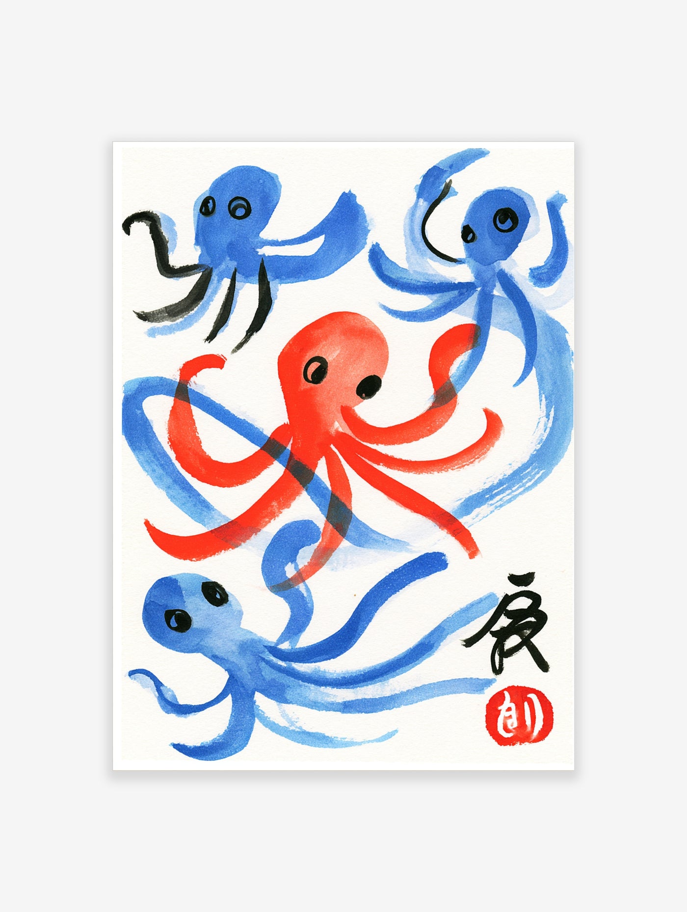 Three illustrative octopuses in blue and red ink wash style with Japanese calligraphy on a white background art print