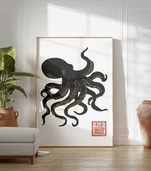Black and gold Japanese style octopus wall art print with a red seal on a white background, marine animal illustration. - Image 3