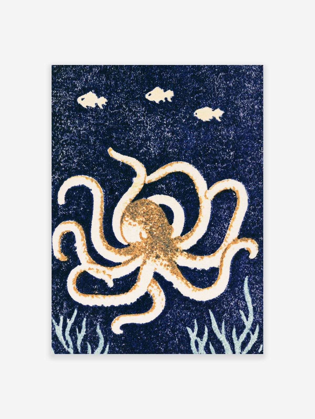 Detailed octopus illustration with cream tentacles and small fish on a deep blue background, nautical wall art print
