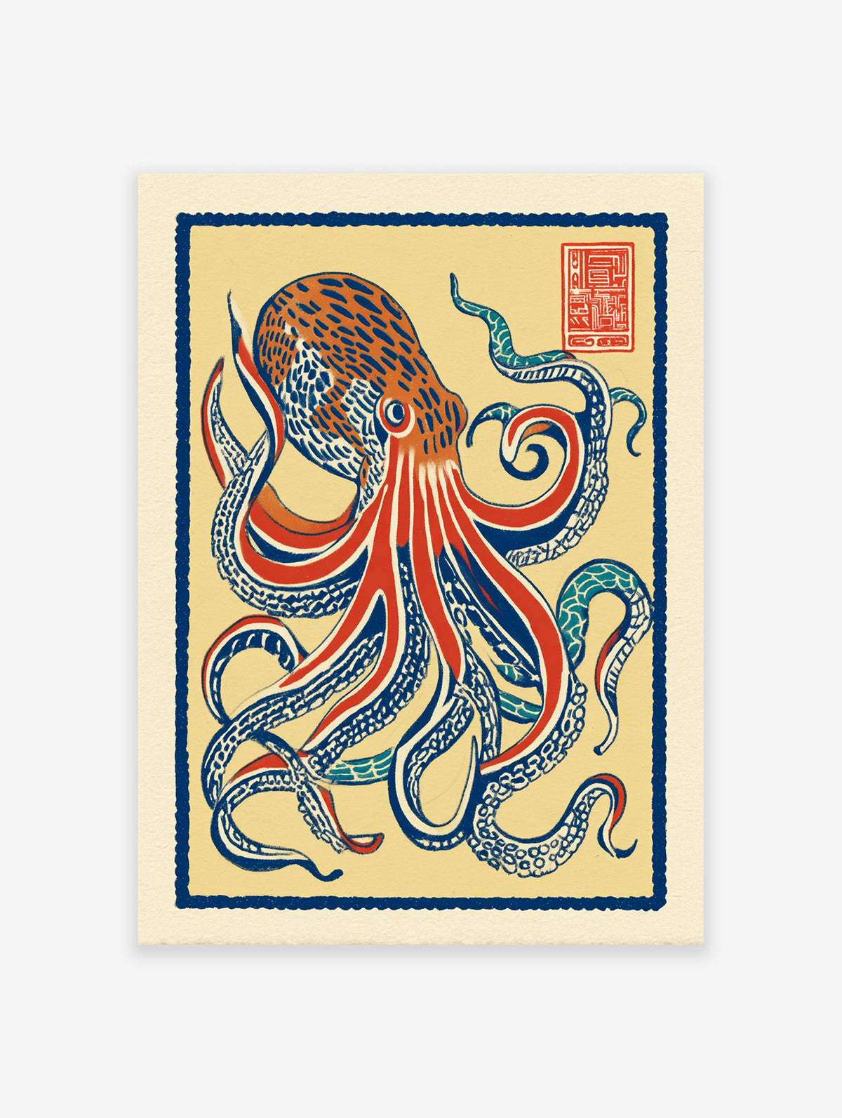 Illustrative blue and red octopus wall art print on a yellow background with a blue border and red stamp in the top right.