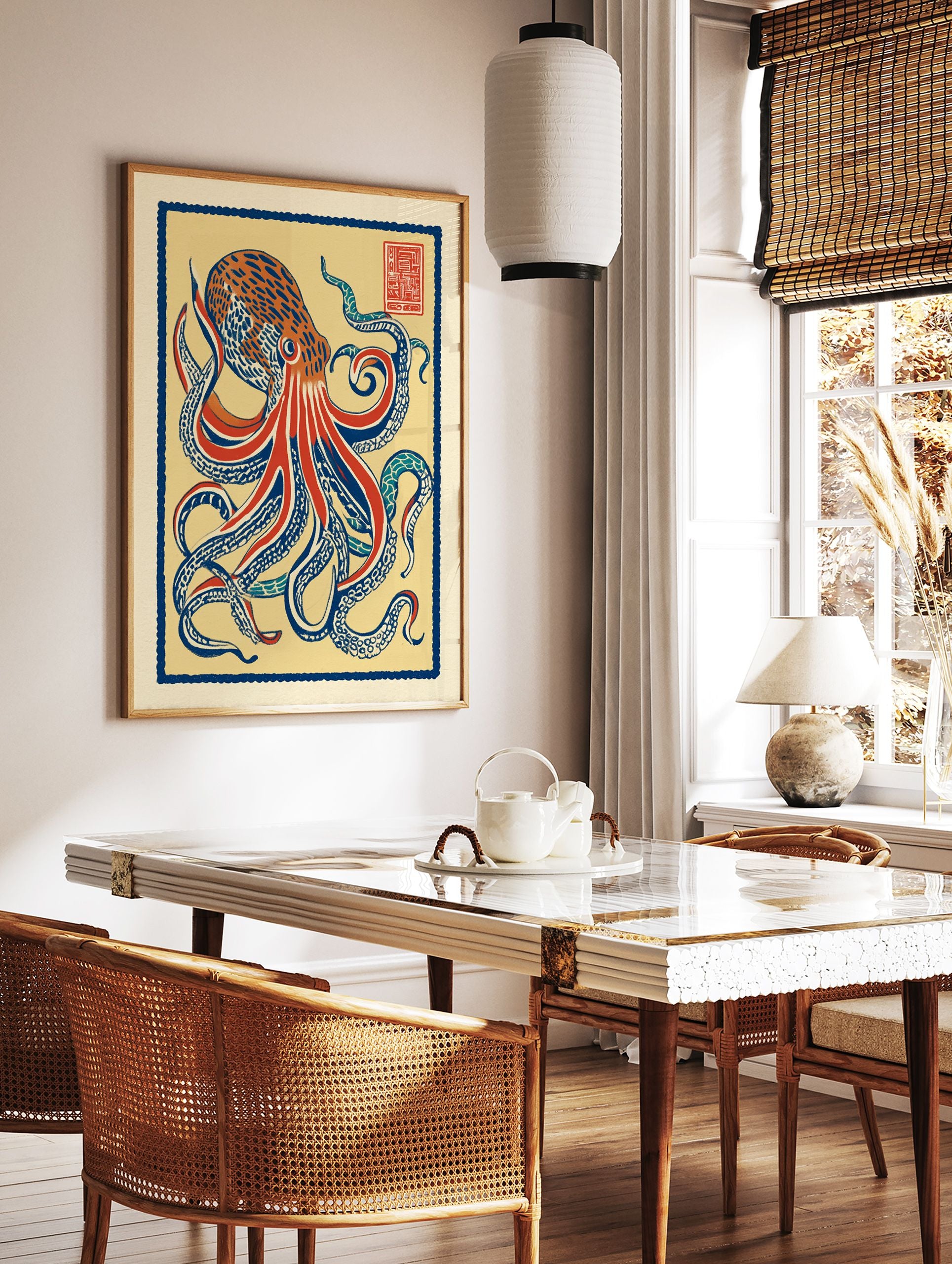 Illustrative blue and red octopus wall art print on a yellow background with a blue border and red stamp in the top right. - Image 2
