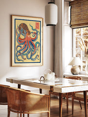 Illustrative blue and red octopus wall art print on a yellow background with a blue border and red stamp in the top right. - Image 2