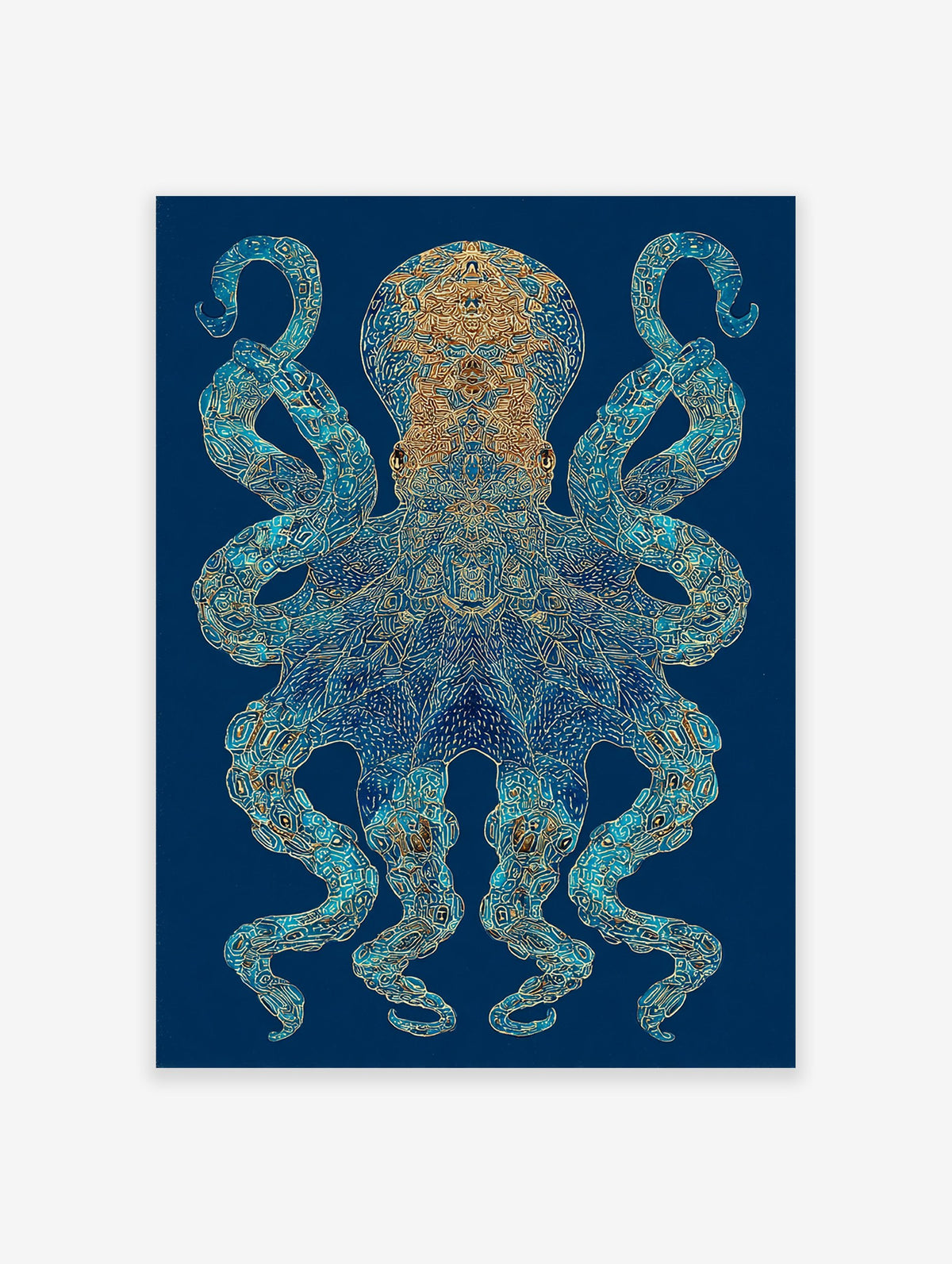 Intricate blue and gold octopus wall art print on a deep blue background with detailed patterns and glowing accents.