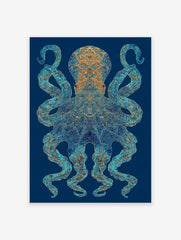Intricate blue and gold octopus wall art print on a deep blue background with detailed patterns and glowing accents.