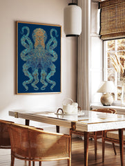 Intricate blue and gold octopus wall art print on a deep blue background with detailed patterns and glowing accents. - Image 2