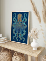 Intricate blue and gold octopus wall art print on a deep blue background with detailed patterns and glowing accents. - Image 3
