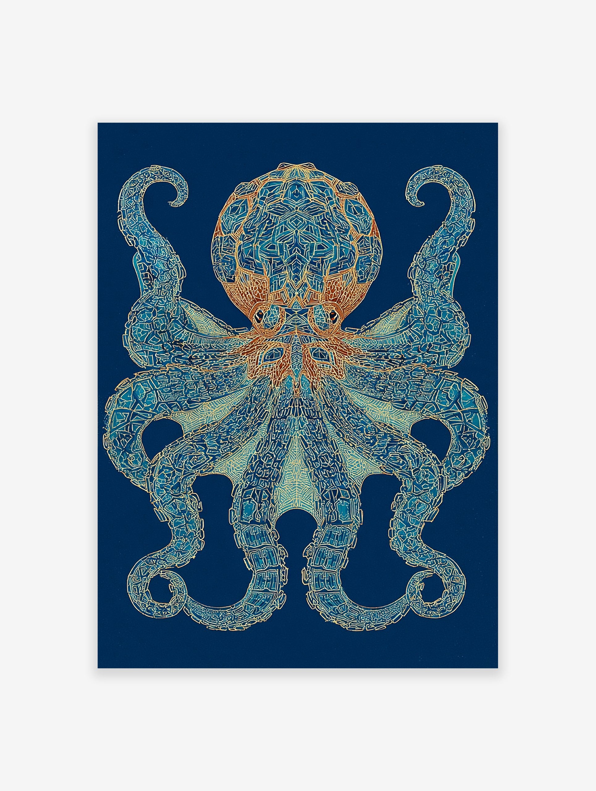 Intricate blue and gold octopus wall art print on a dark blue background, detailed marine life illustration.
