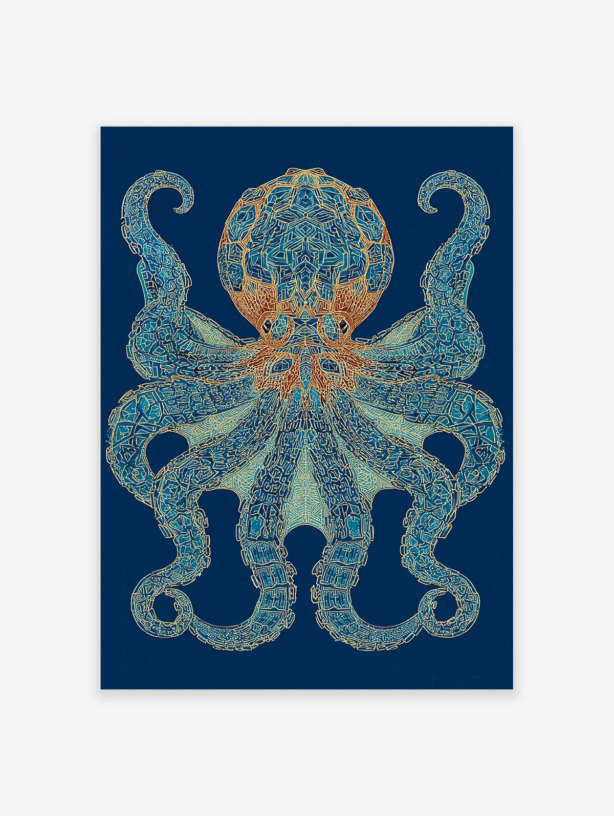 Intricate blue and gold octopus wall art print on a dark blue background, detailed marine life illustration.