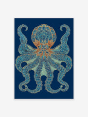 Intricate blue and gold octopus wall art print on a dark blue background, detailed marine life illustration.