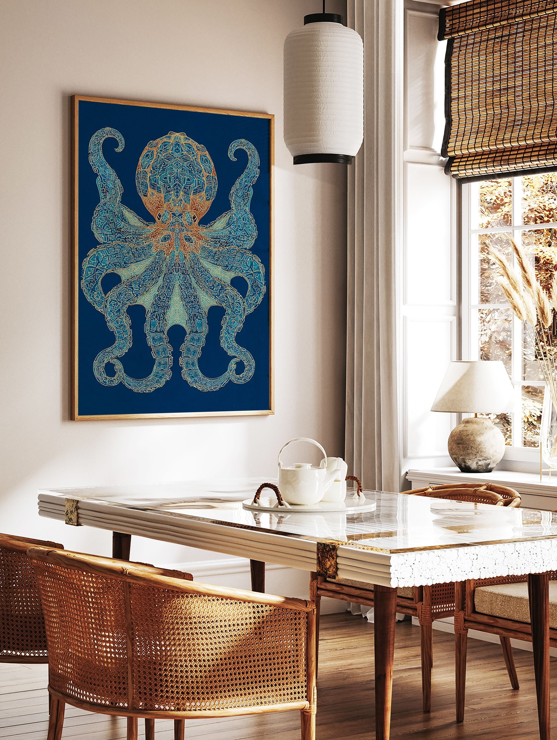 Intricate blue and gold octopus wall art print on a dark blue background, detailed marine life illustration. - Image 2