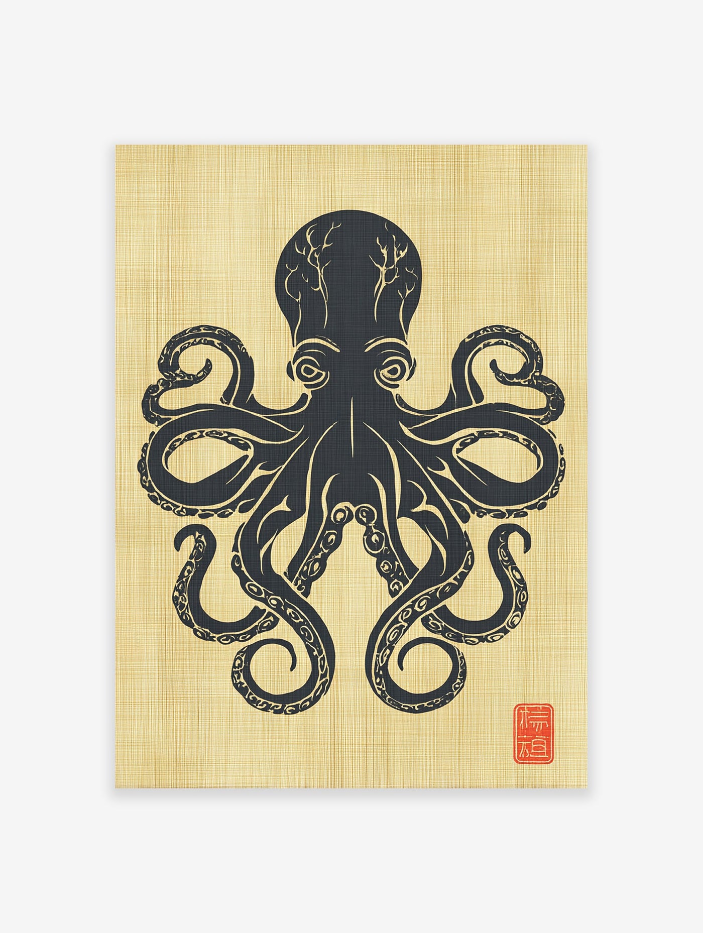 Japanese style black octopus illustration on a gold textured background with a red stamp in the bottom right corner, Octopus Wall Art.