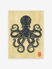 Japanese style black octopus illustration on a gold textured background with a red stamp in the bottom right corner, Octopus Wall Art.