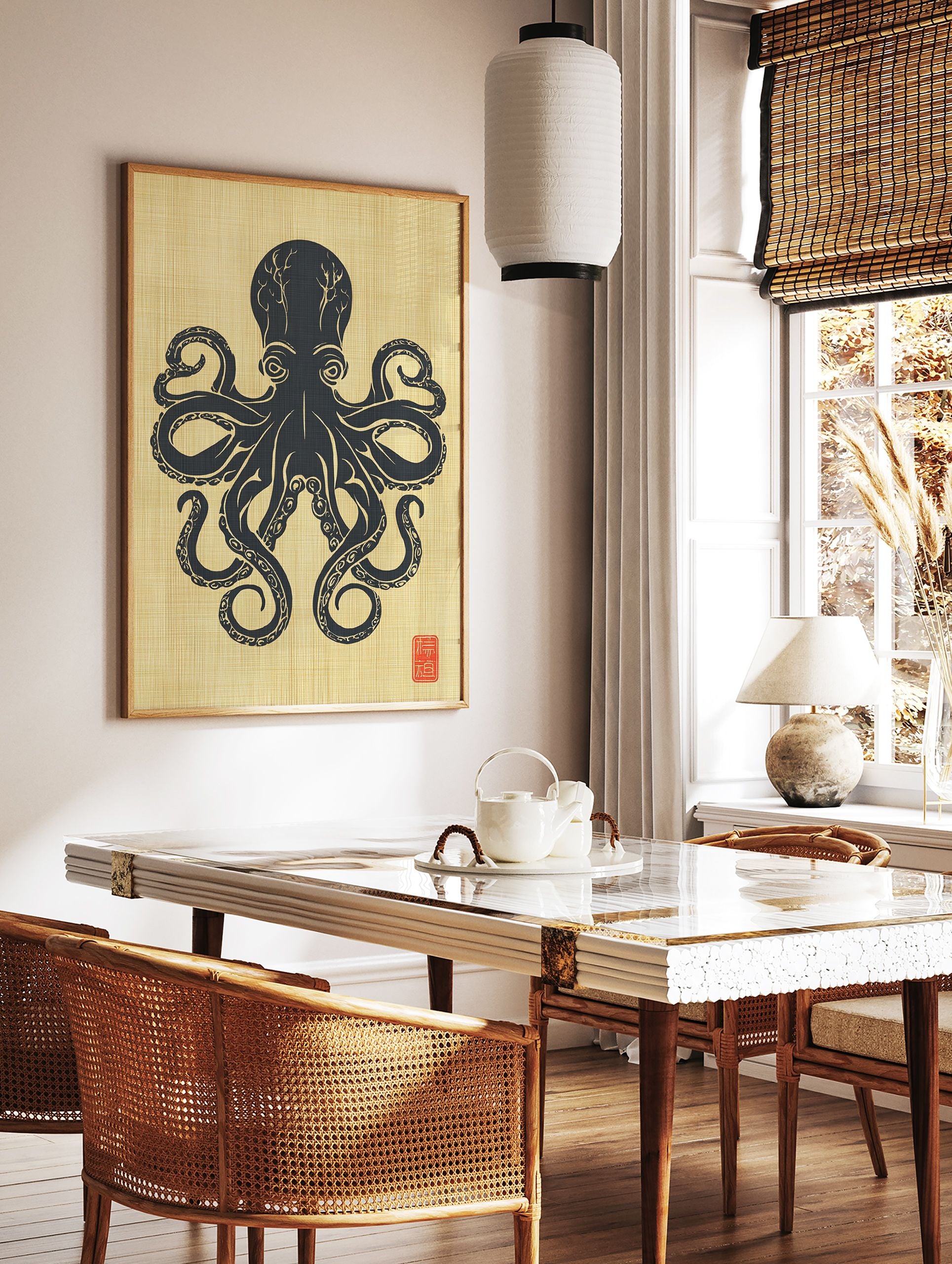 Japanese style black octopus illustration on a gold textured background with a red stamp in the bottom right corner, Octopus Wall Art. - Image 2