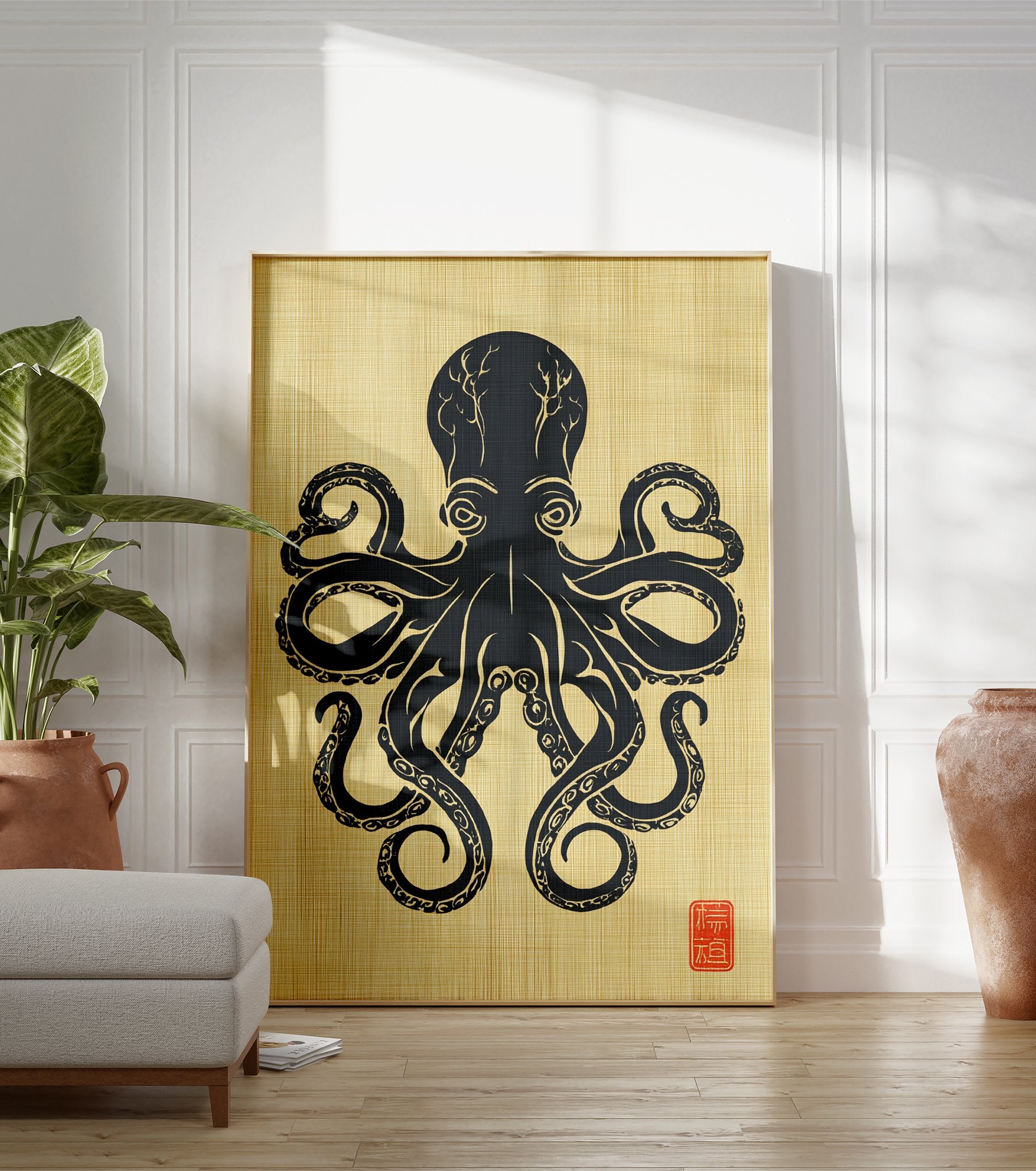 Japanese style black octopus illustration on a gold textured background with a red stamp in the bottom right corner, Octopus Wall Art. - Image 3