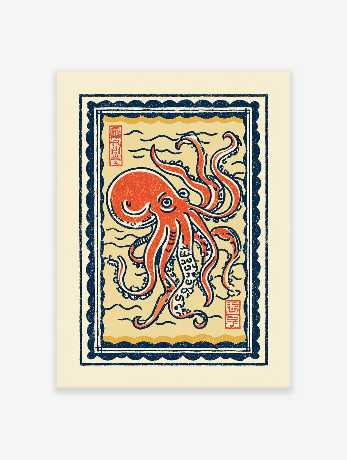 Japanese Ukiyo-e style octopus wall art print in red and blue, featuring a detailed octopus illustration with waves and border.