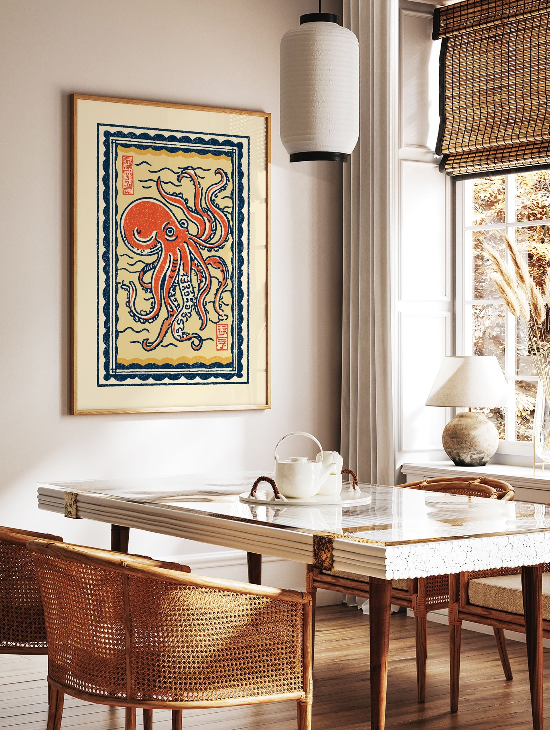 Japanese Ukiyo-e style octopus wall art print in red and blue, featuring a detailed octopus illustration with waves and border. - Image 2