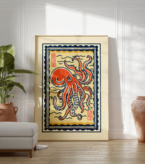 Japanese Ukiyo-e style octopus wall art print in red and blue, featuring a detailed octopus illustration with waves and border. - Image 3