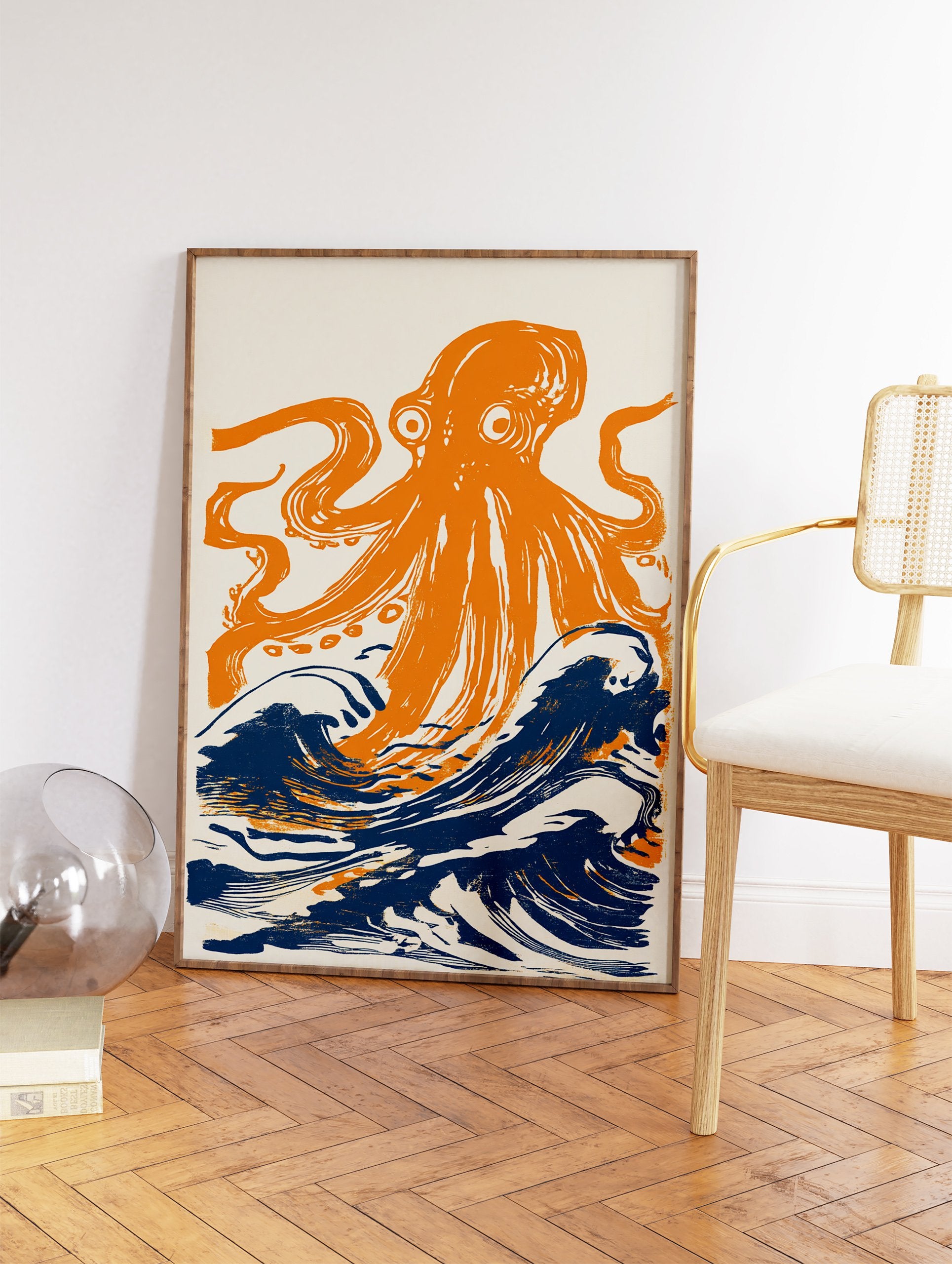 Orange octopus illustration emerging from dark blue waves on a light background, bold marine creature wall art print. - Image 2
