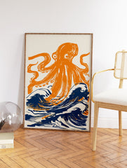 Orange octopus illustration emerging from dark blue waves on a light background, bold marine creature wall art print. - Image 2