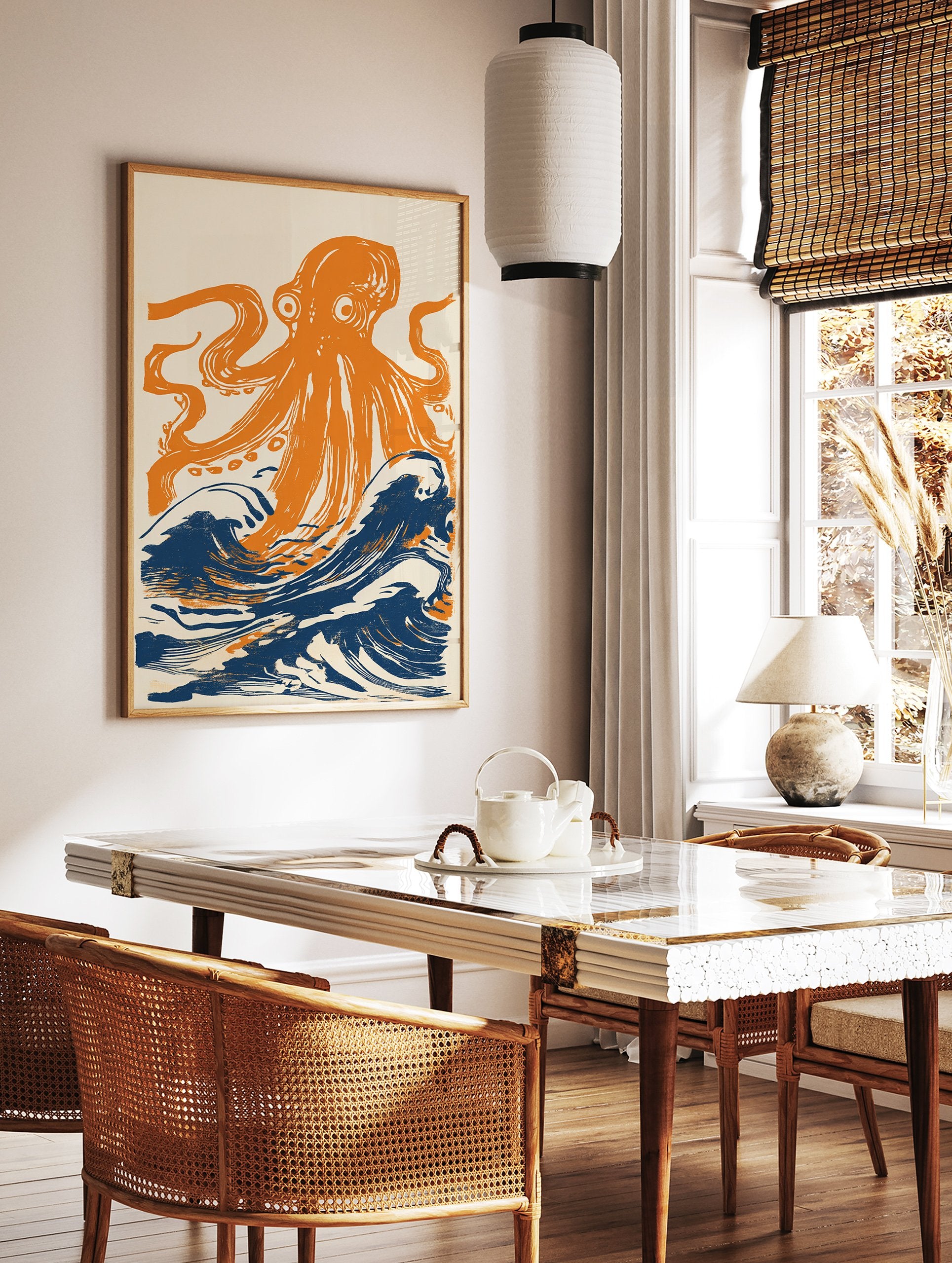 Orange octopus illustration emerging from dark blue waves on a light background, bold marine creature wall art print. - Image 3