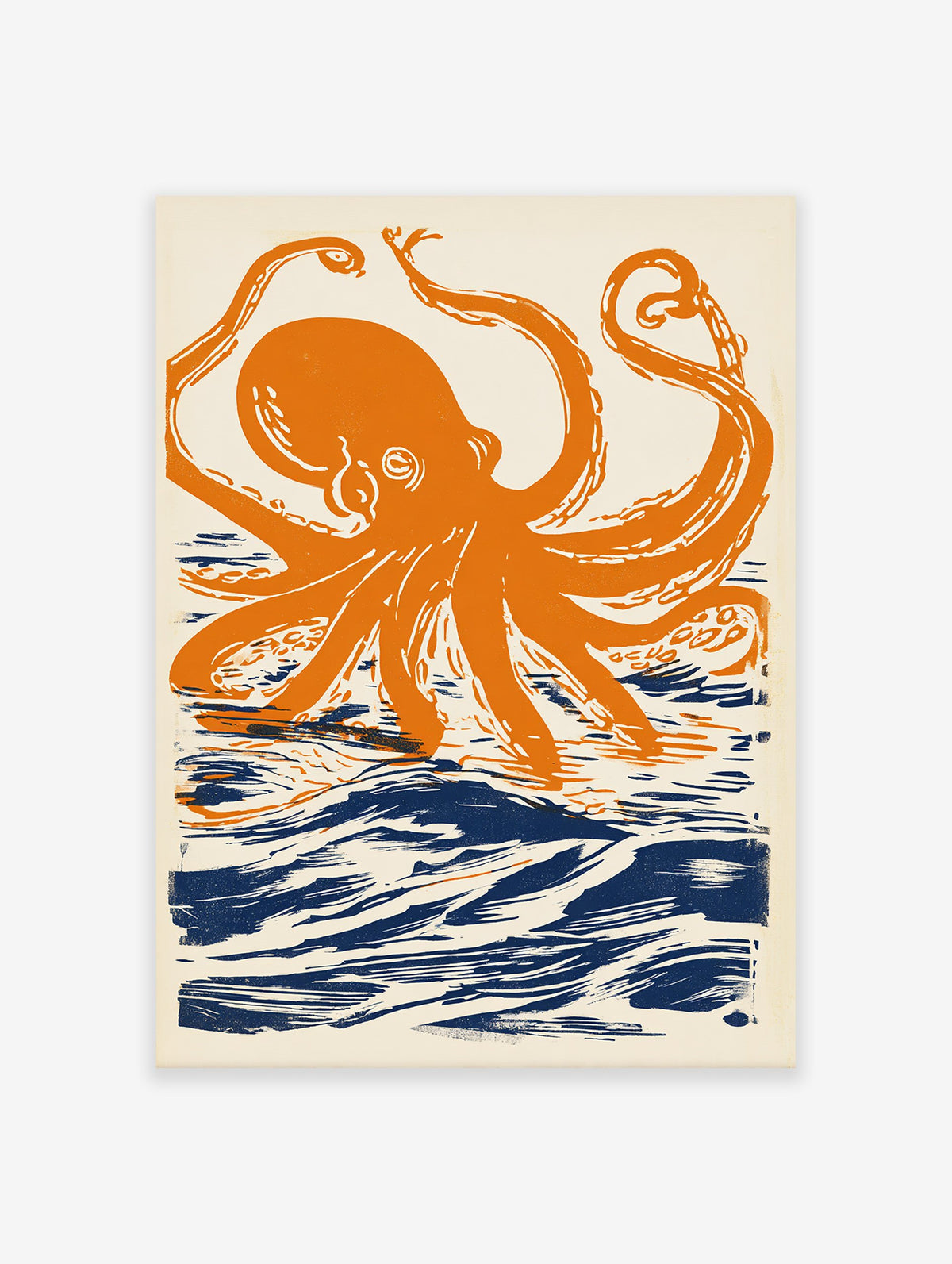 Orange octopus wall art print with dark blue ocean waves on a cream background, illustrated in a linocut style.