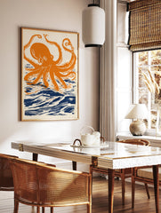 Orange octopus wall art print with dark blue ocean waves on a cream background, illustrated in a linocut style. - Image 3