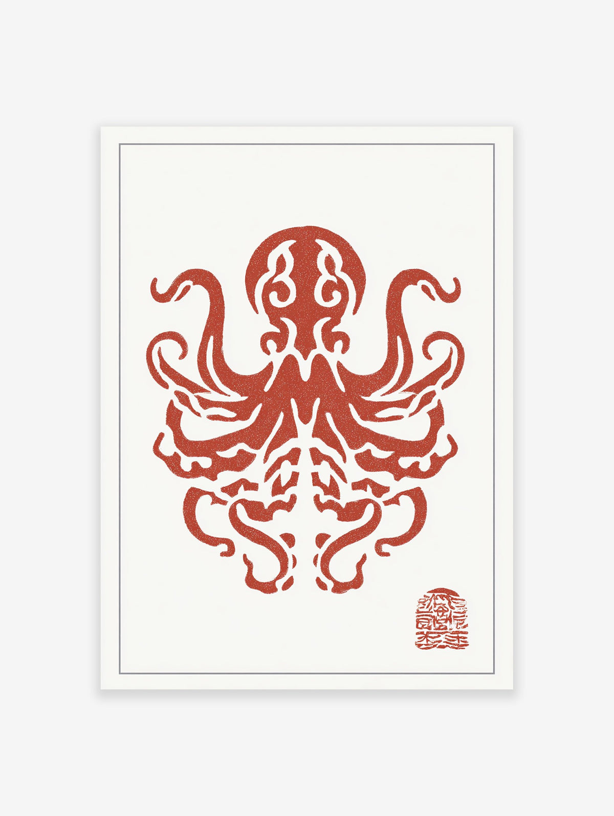 Red octopus Japanese art print with intricate tentacles and a traditional red seal on a white background.
