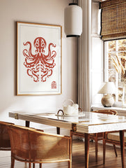 Red octopus Japanese art print with intricate tentacles and a traditional red seal on a white background. - Image 2