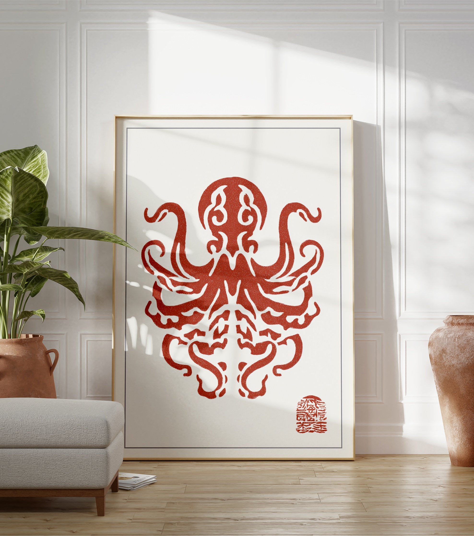 Red octopus Japanese art print with intricate tentacles and a traditional red seal on a white background. - Image 3