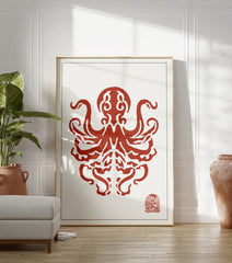 Red octopus Japanese art print with intricate tentacles and a traditional red seal on a white background. - Image 3