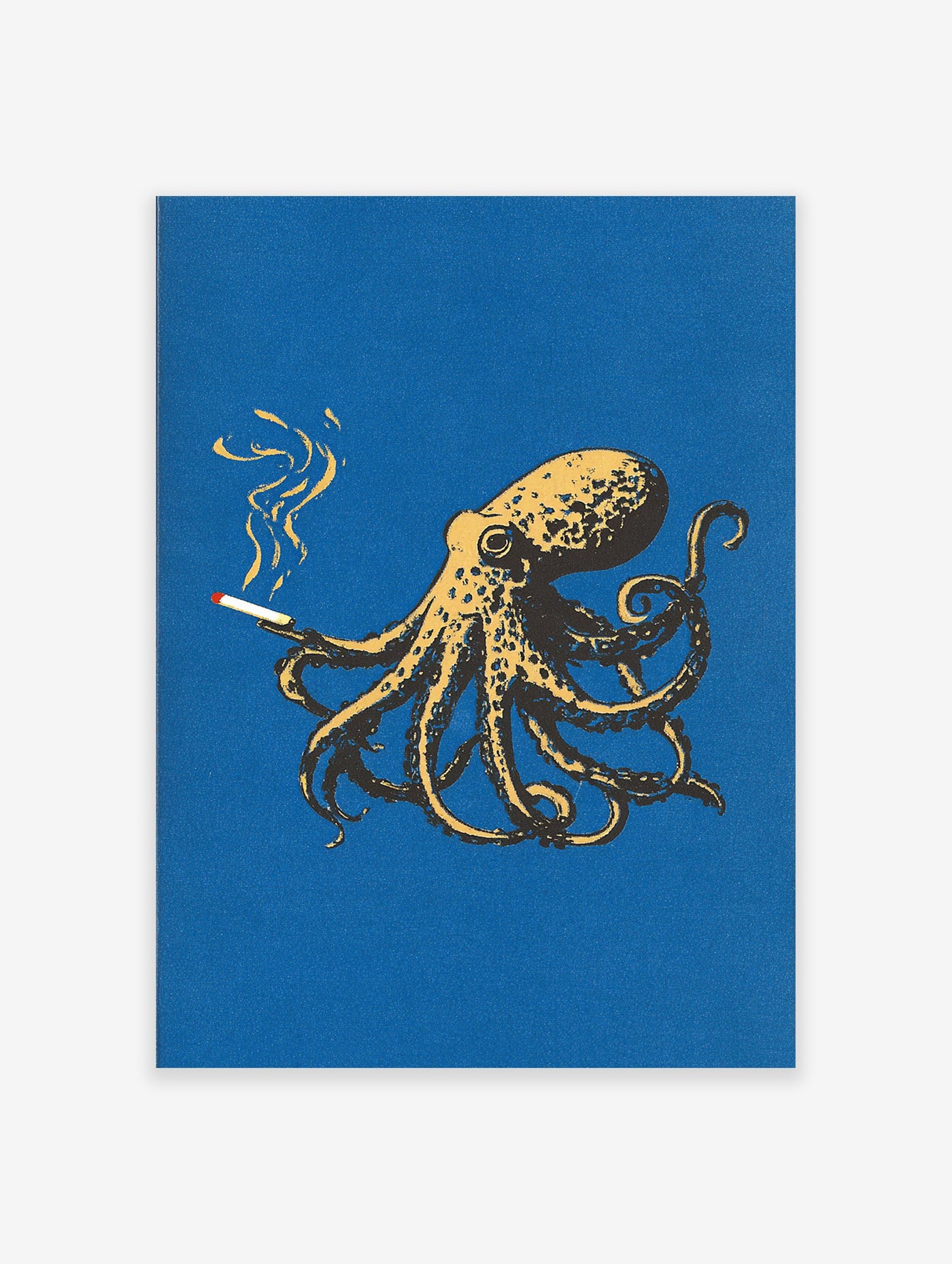 Illustrated blue and yellow octopus smoking a cigarette on a dark blue background. Quirky octopus wall art print.