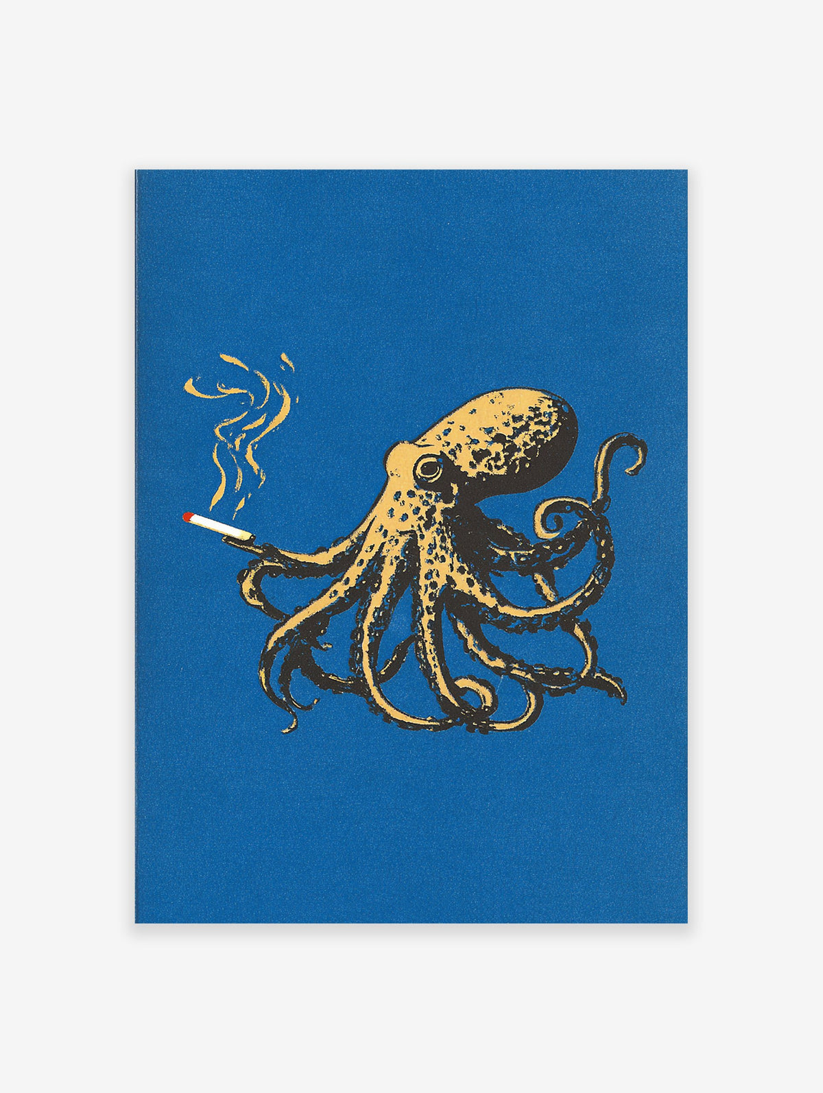 Illustrated blue and yellow octopus smoking a cigarette on a dark blue background. Quirky octopus wall art print.