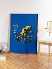 Illustrated blue and yellow octopus smoking a cigarette on a dark blue background. Quirky octopus wall art print. - Image 2