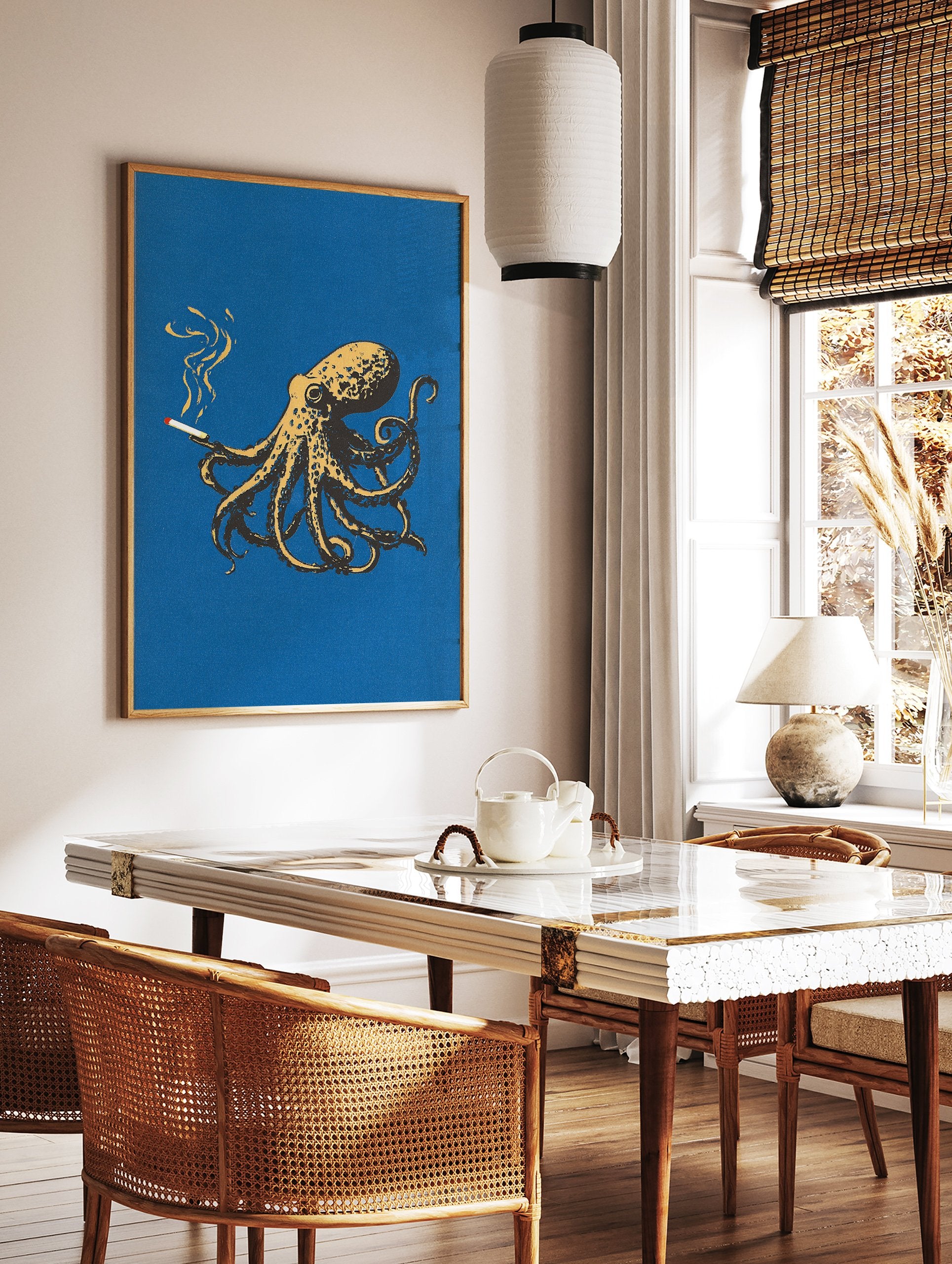 Illustrated blue and yellow octopus smoking a cigarette on a dark blue background. Quirky octopus wall art print. - Image 3
