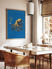 Illustrated blue and yellow octopus smoking a cigarette on a dark blue background. Quirky octopus wall art print. - Image 3