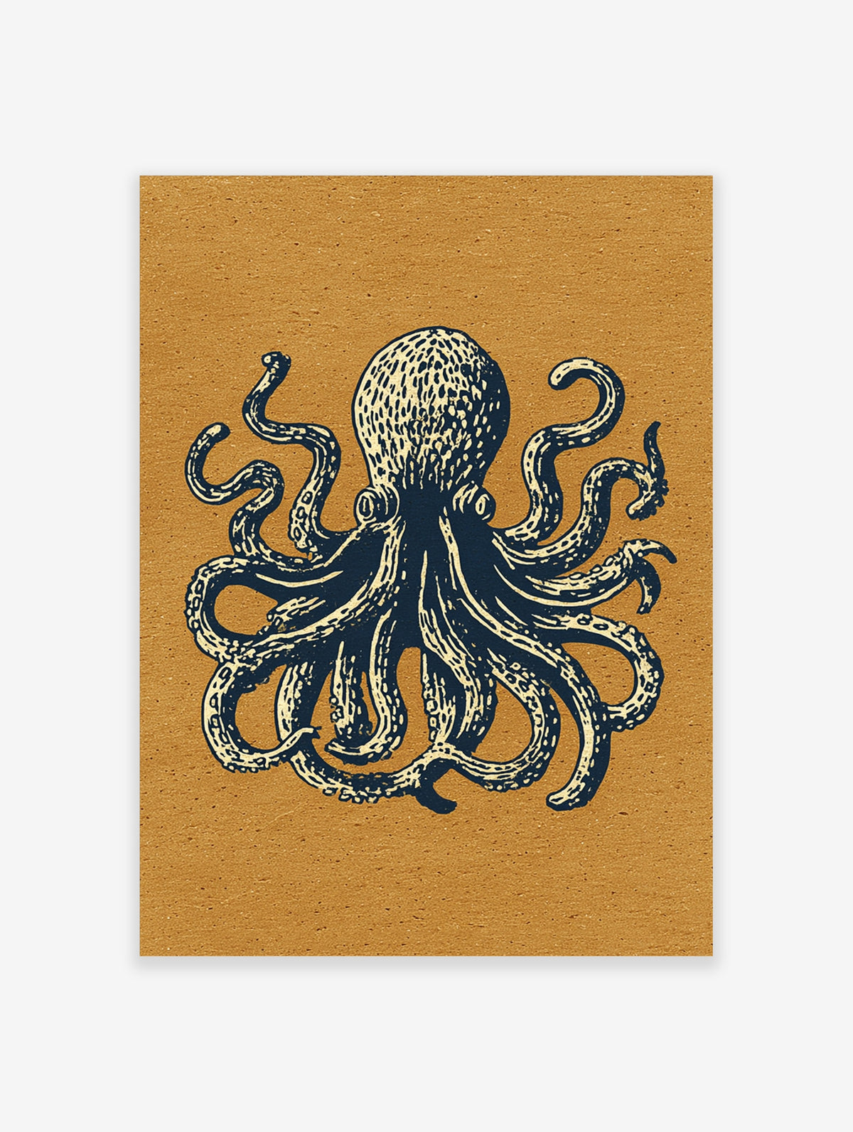 Navy blue octopus illustration with cream detailing on a mustard background, vintage style art print