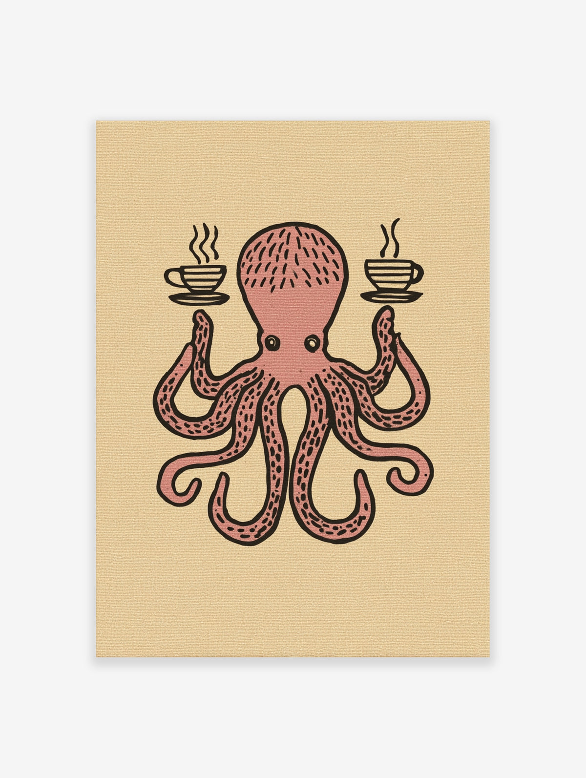 Pink octopus holding two coffee cups, retro illustration on beige background