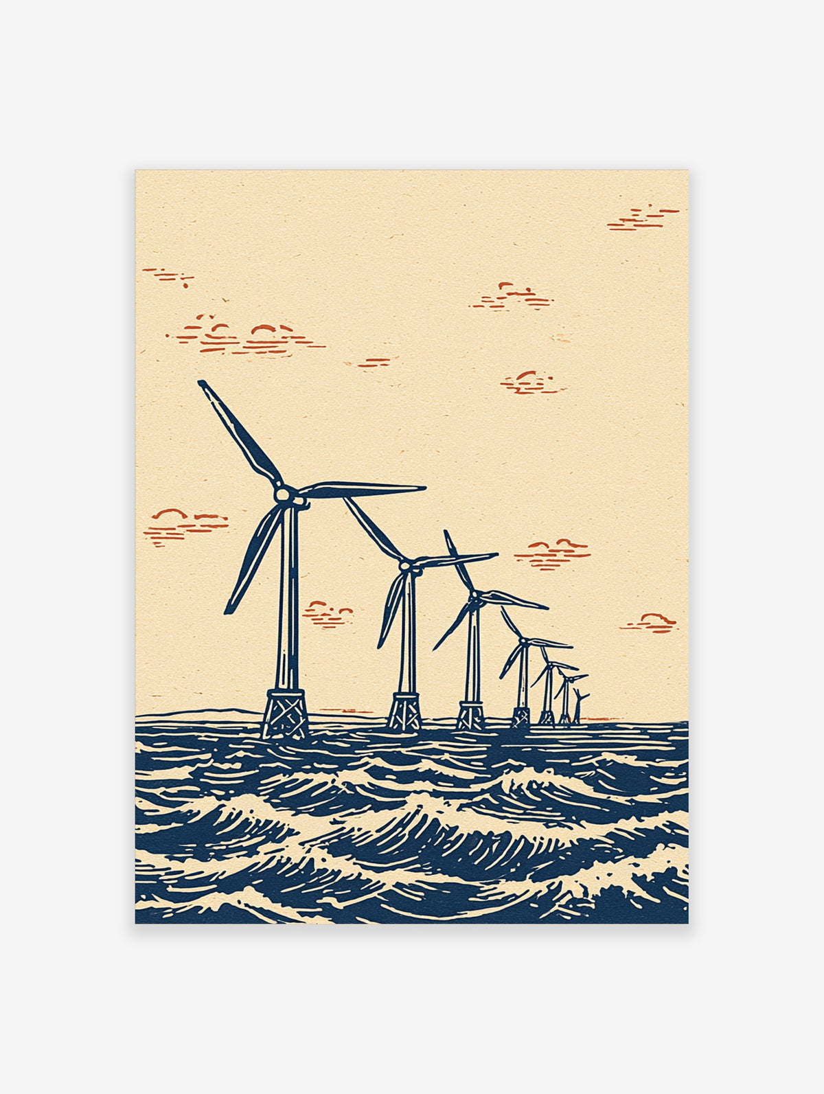 Navy blue offshore wind farm poster with turbines on stylised waves and cream sky