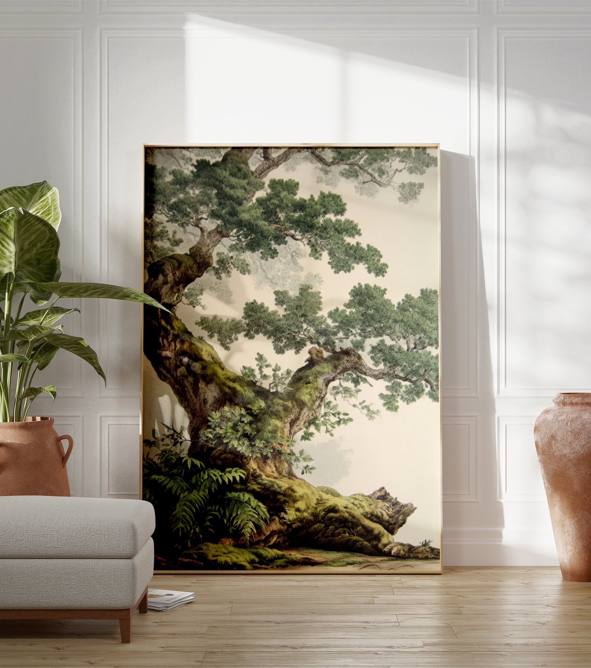 Detailed botanical illustration poster of an old, moss-covered oak tree with lush green foliage against a light background. - Image 3