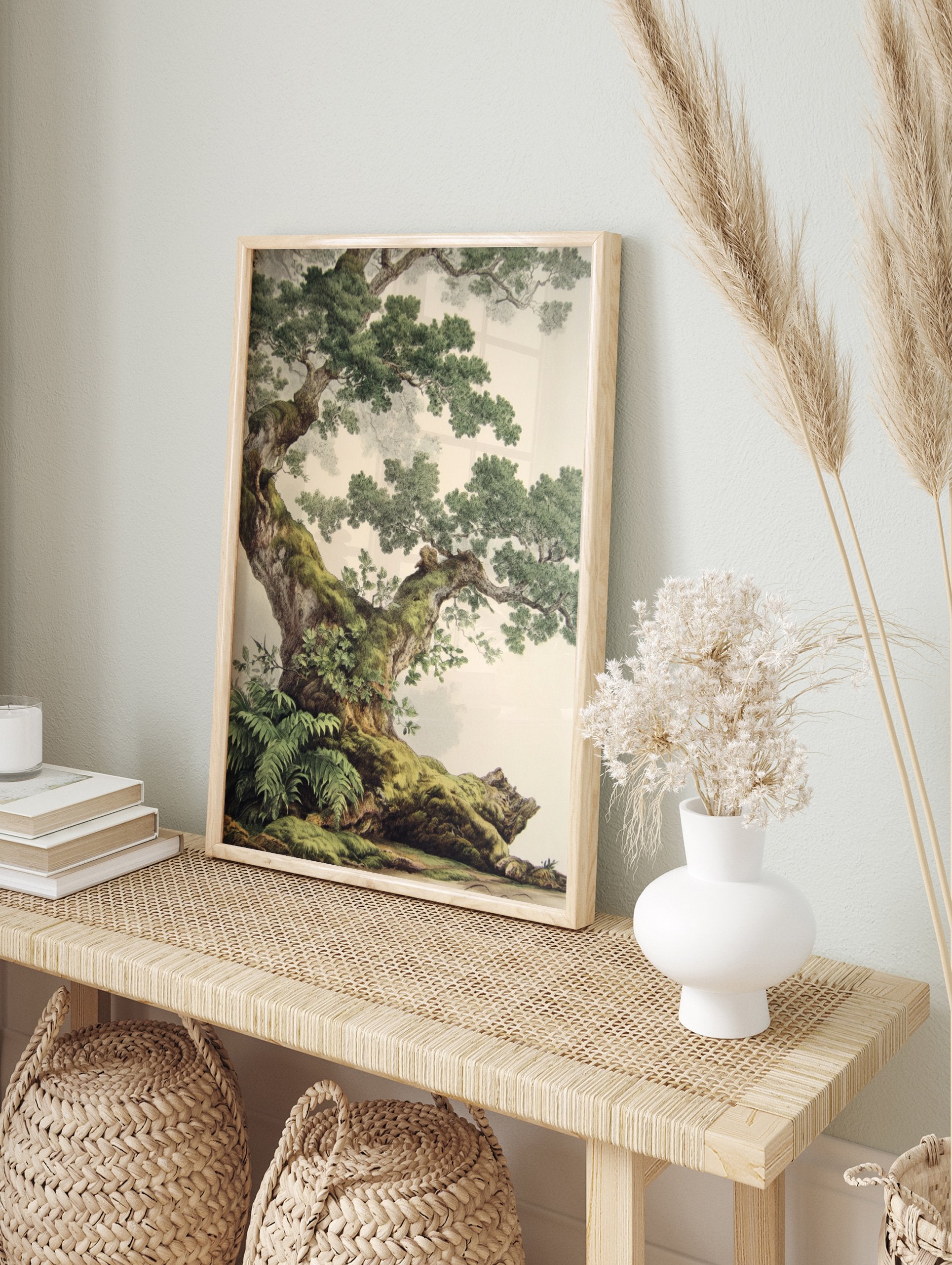 Detailed botanical illustration poster of an old, moss-covered oak tree with lush green foliage against a light background. - Image 4