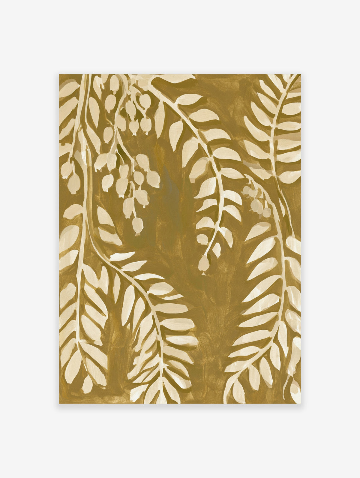 Olive botanical art print with cream leaf branches on khaki background
